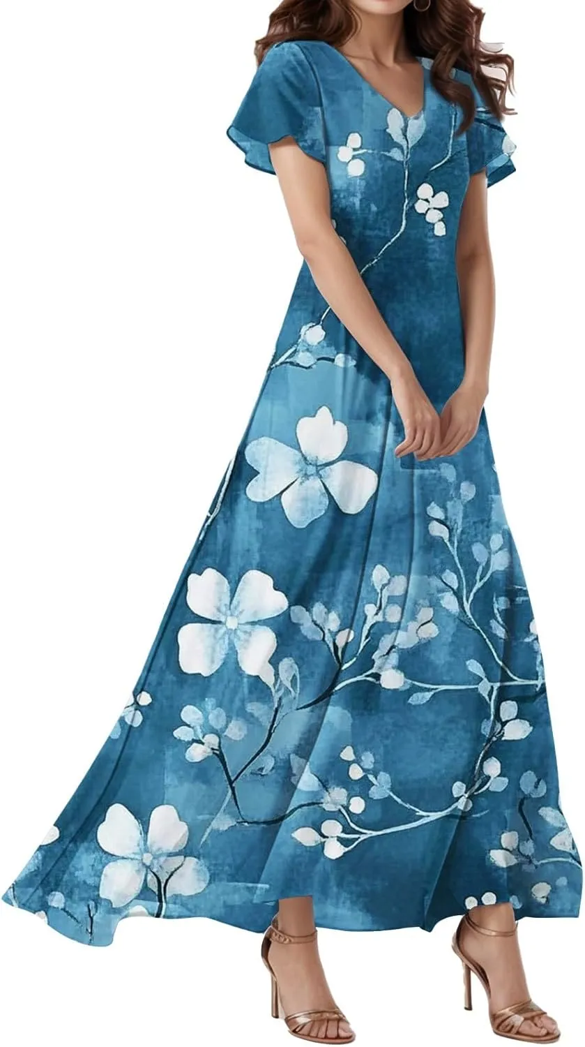 Cocktail Dresses for Women,Flowy Spring Summer Dresses for Women 2025 Wedding Guest Elegant Floral Maxi Dress Short Sleeve
