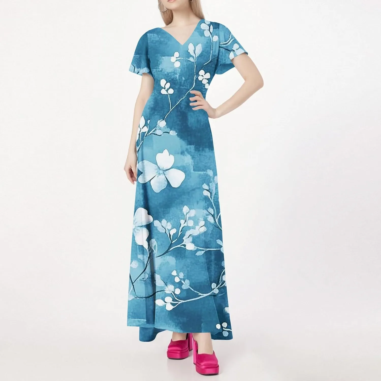 Cocktail Dresses for Women,Flowy Spring Summer Dresses for Women 2025 Wedding Guest Elegant Floral Maxi Dress Short Sleeve