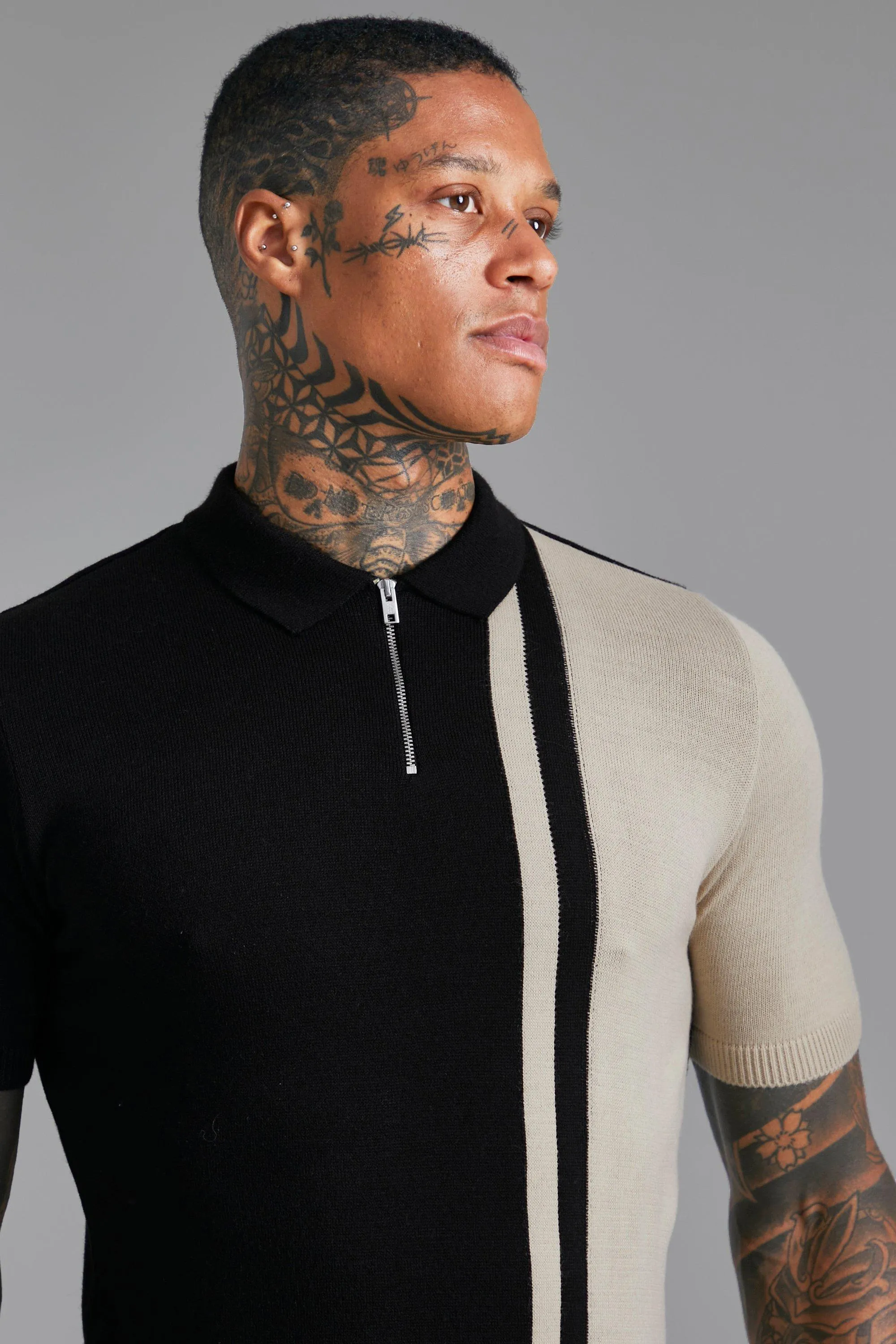 Color block Boohoo short sleeve knit polo with muscle cut, black