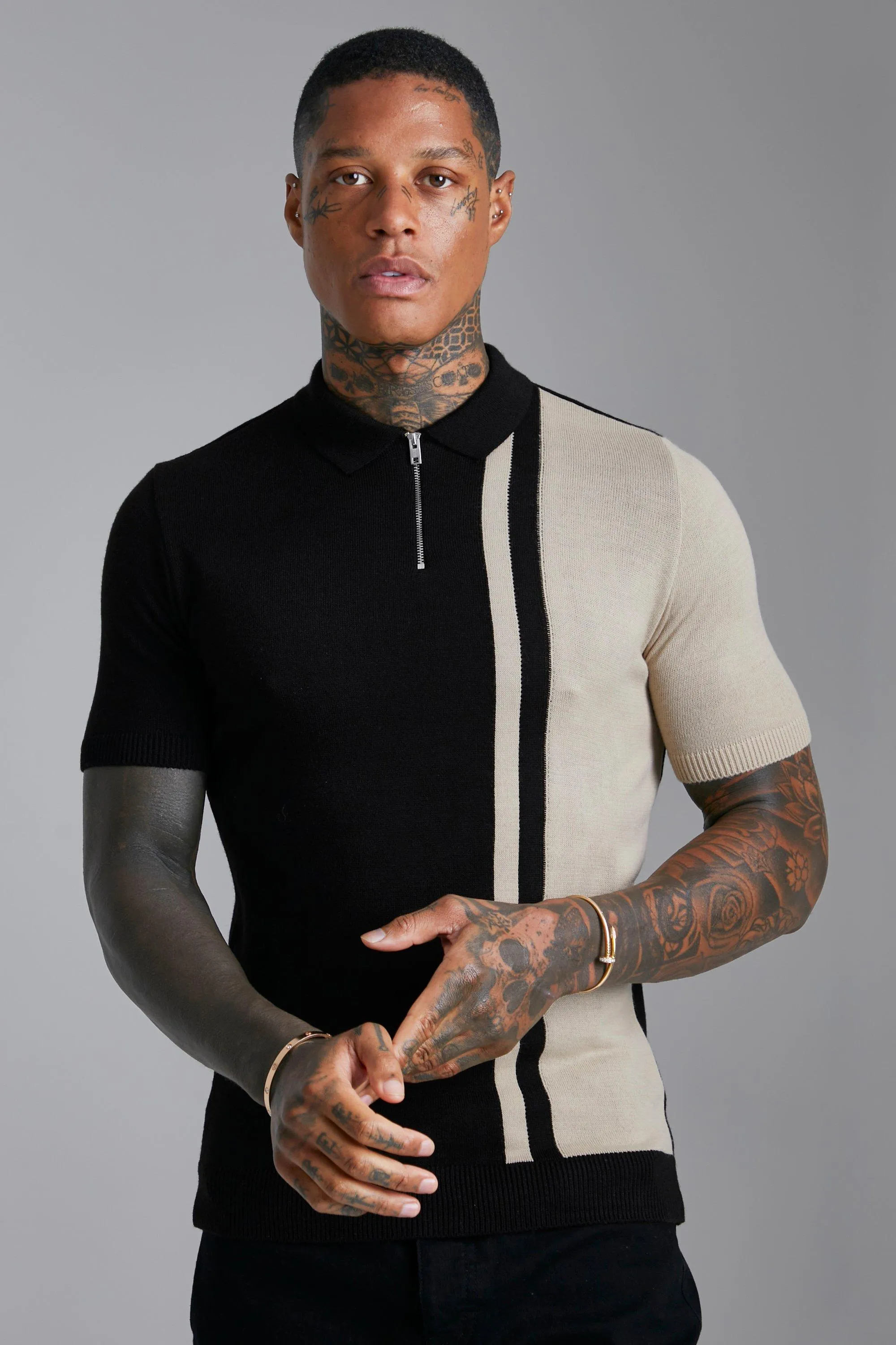 Color block Boohoo short sleeve knit polo with muscle cut, black