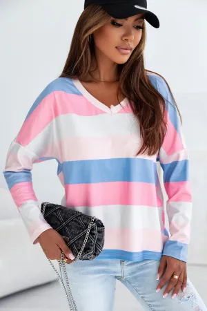 Color Block V-Neck Long Sleeve T-Shirt