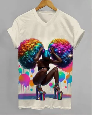 Colorful Afro Girl V-neck Short Sleeve Tshirt