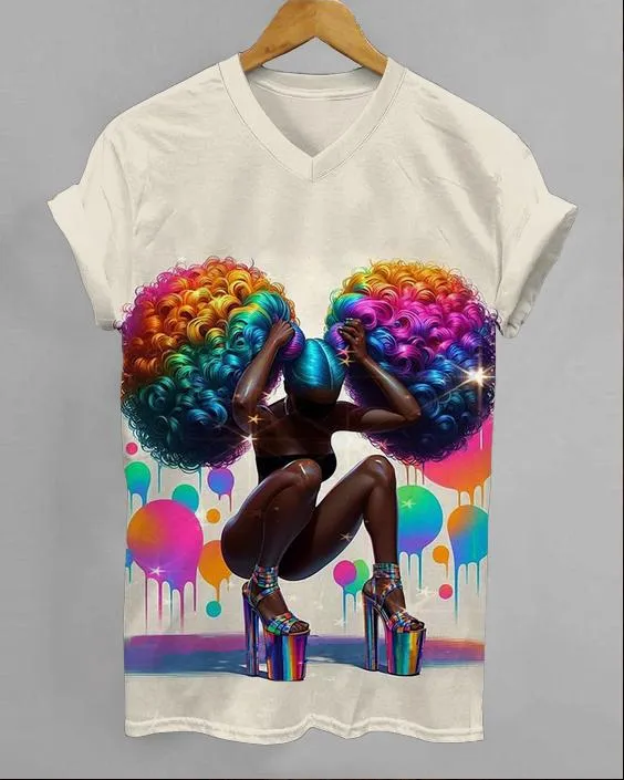 Colorful Afro Girl V-neck Short Sleeve Tshirt