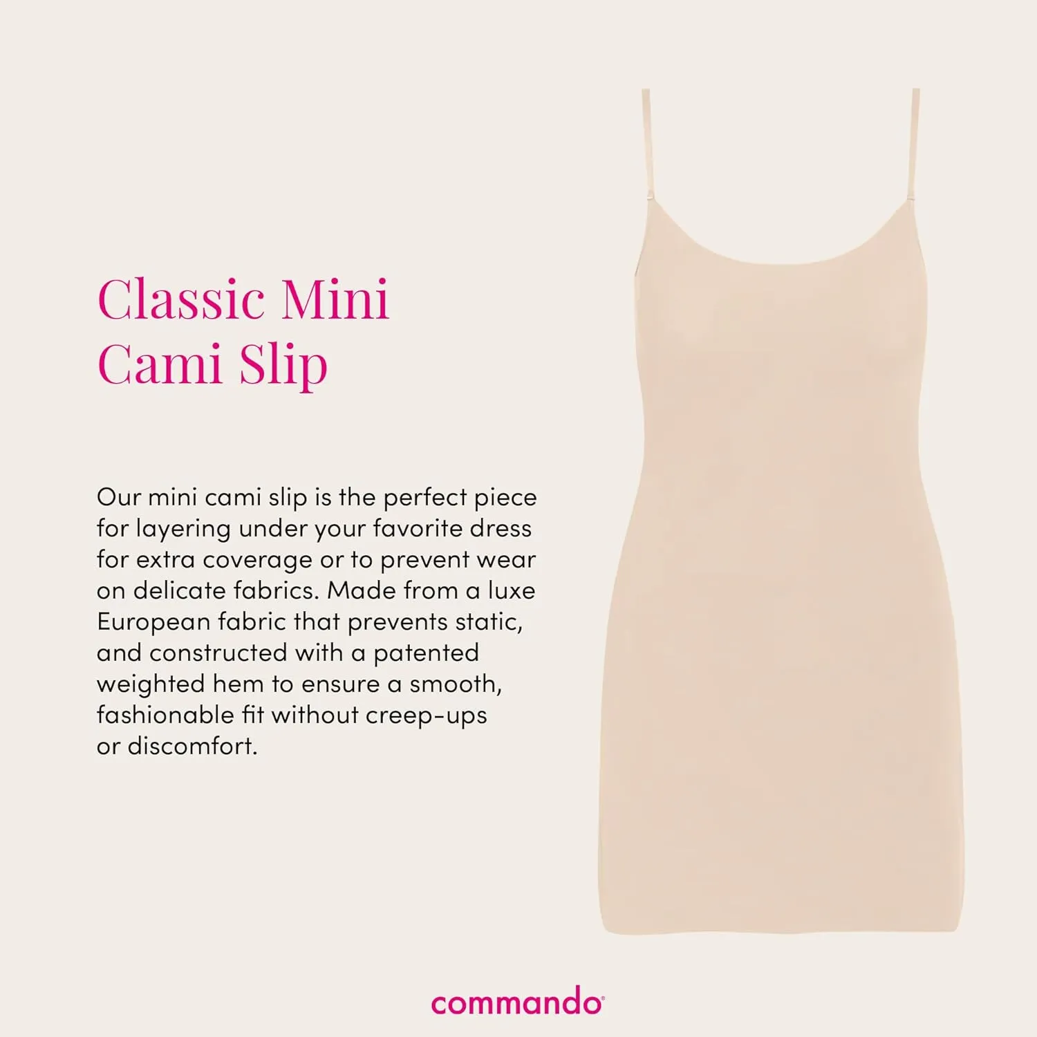 commando - Classic Mini Cami Slip | Short Full Slip Perfect for Sheer Dresses | Anti Static | Smooth, Barely-There Feel