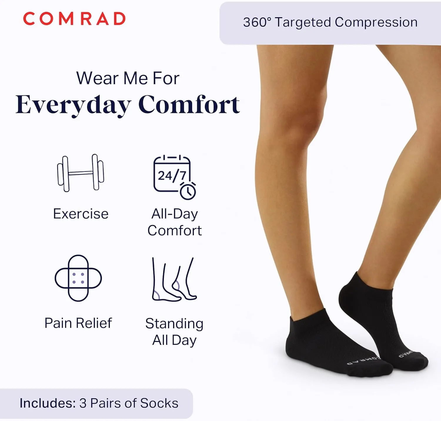Comrad 3-Pack Nylon Ankle Compression Socks with Targeted Arch Compression