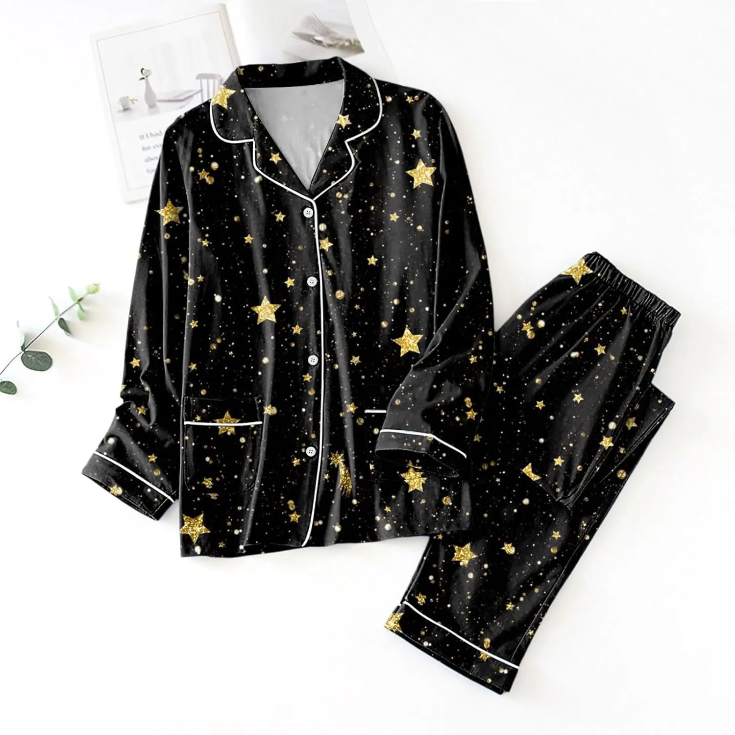 cooki Pajama Sets for Women 2 Piece Long Sleeve Pajamas Casual Top and Loose Lounge Pants Sleepwear Housewear Nightwear Set