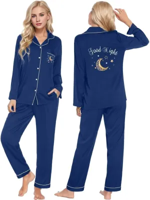 cooki Satin Pajama Set for Women Long Sleeve Sleepwear Casual Loungewear Print Button Down Top and Pjs Pants Set with Pocket