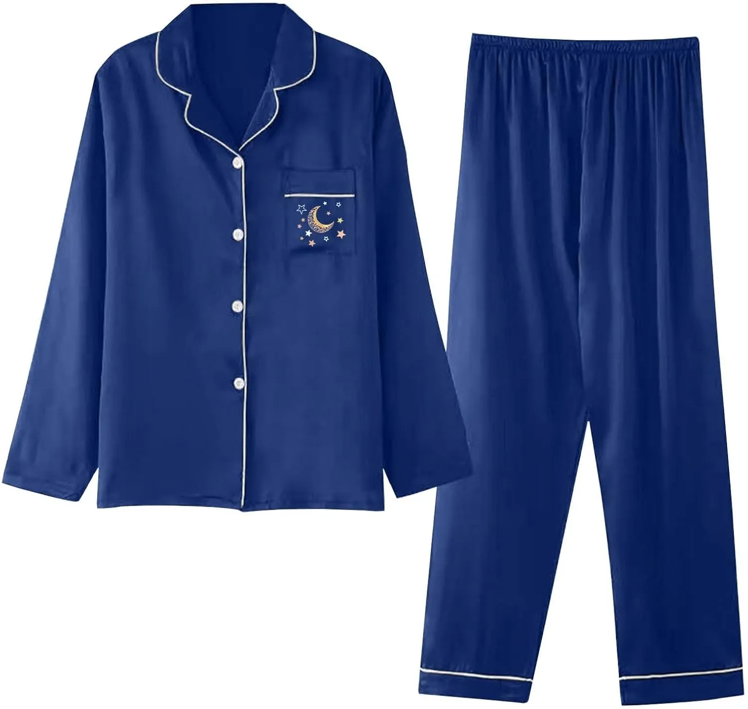 cooki Satin Pajama Set for Women Long Sleeve Sleepwear Casual Loungewear Print Button Down Top and Pjs Pants Set with Pocket