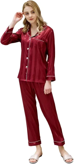 cooki Satin Pajama Set for Women Long Sleeve Sleepwear Casual Loungewear Soft Button Down Top and Pjs Pants Set with Pockets
