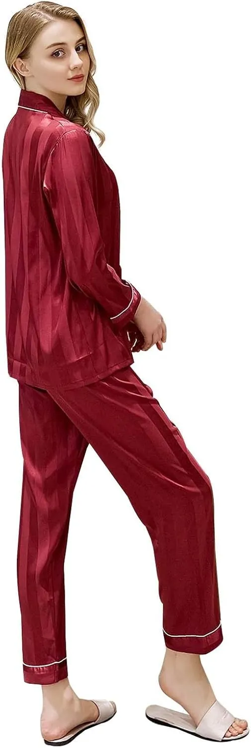 cooki Satin Pajama Set for Women Long Sleeve Sleepwear Casual Loungewear Soft Button Down Top and Pjs Pants Set with Pockets