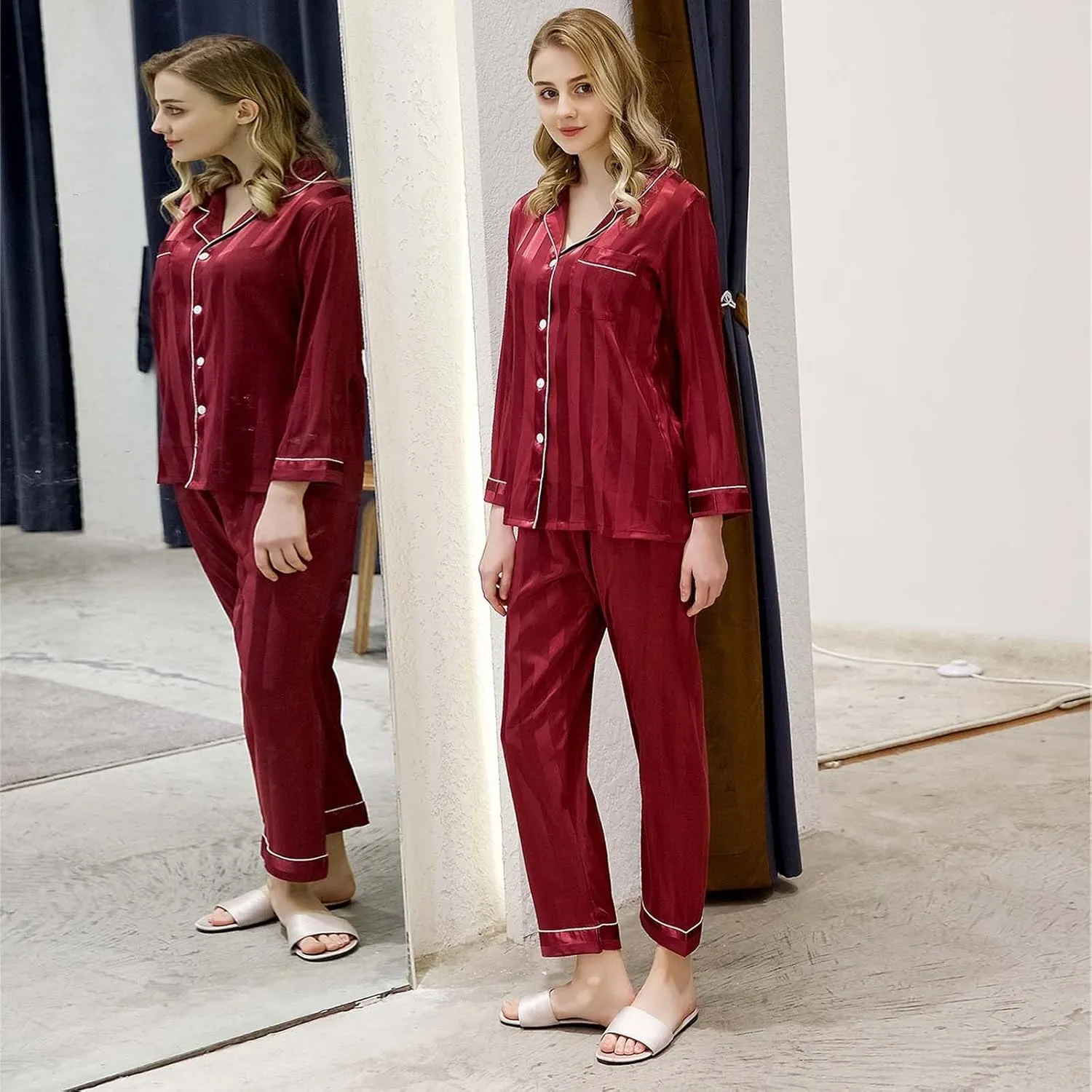 cooki Satin Pajama Set for Women Long Sleeve Sleepwear Casual Loungewear Soft Button Down Top and Pjs Pants Set with Pockets