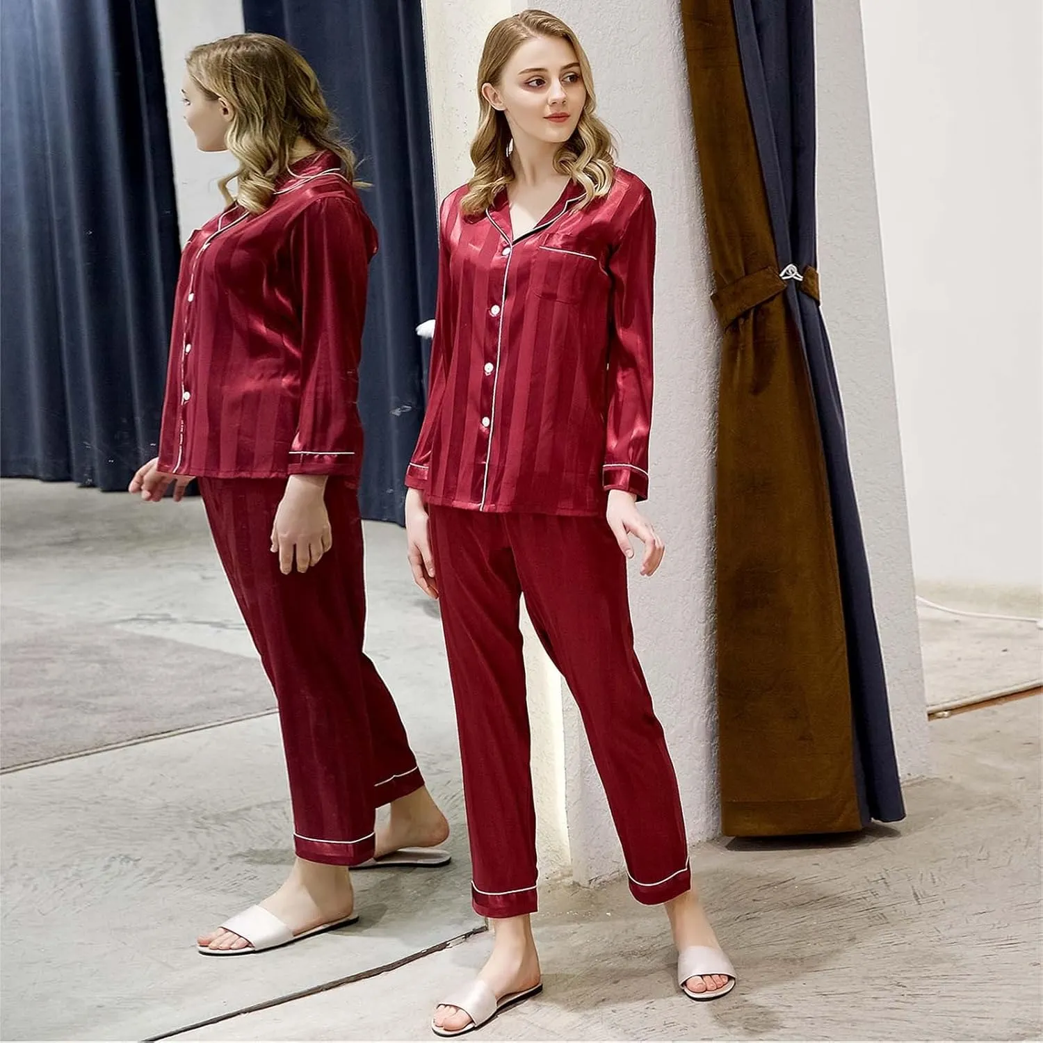 cooki Satin Pajama Set for Women Long Sleeve Sleepwear Casual Loungewear Soft Button Down Top and Pjs Pants Set with Pockets