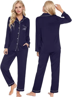 cooki Satin Pajama Set for Women Long Sleeve Sleepwear Soft Loungewear Print Button Down Top and Pjs Pants Set with Pocket