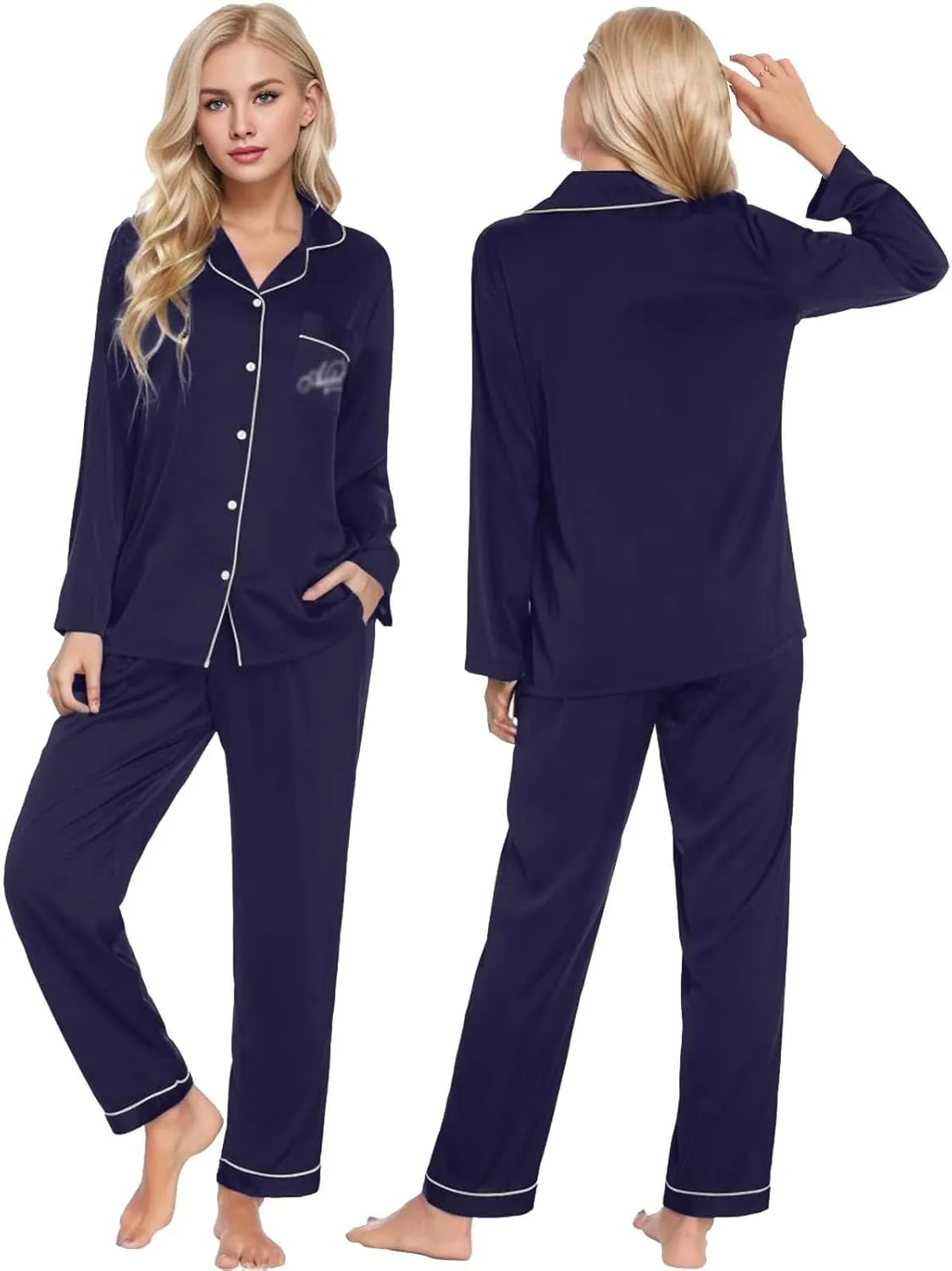 cooki Satin Pajama Set for Women Long Sleeve Sleepwear Soft Loungewear Print Button Down Top and Pjs Pants Set with Pocket