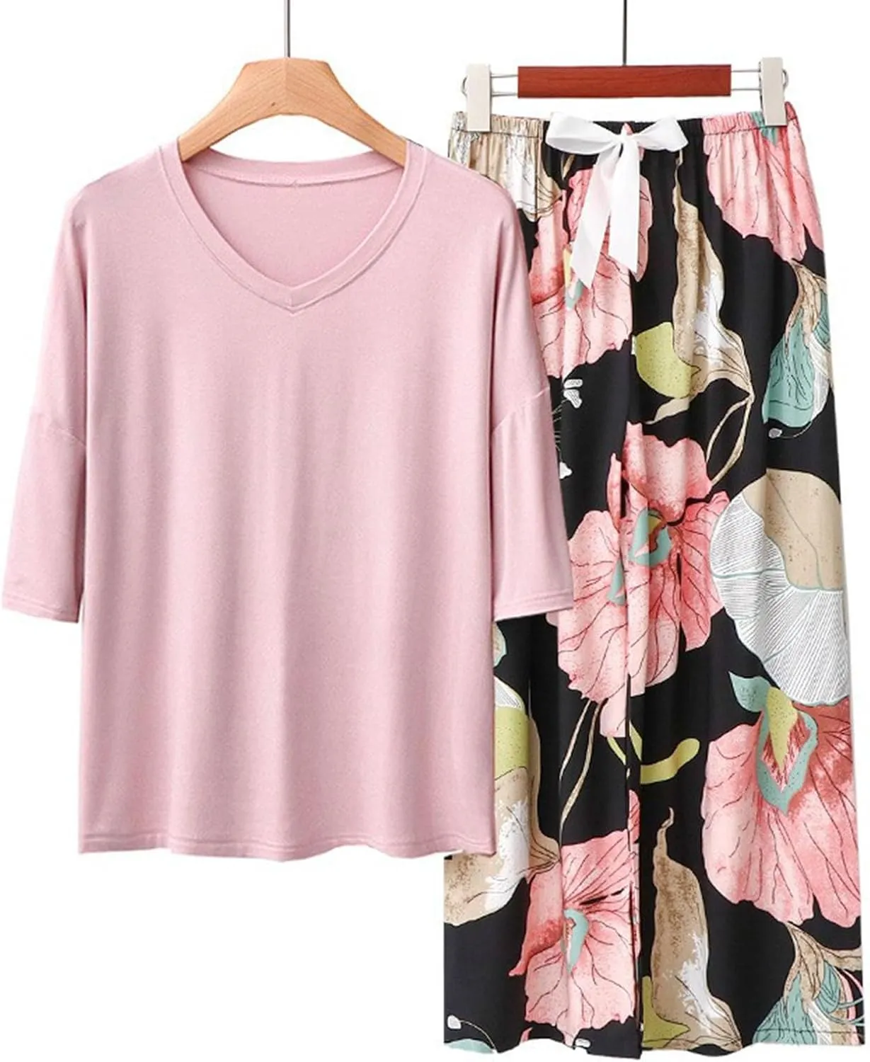 cooki Women's Pajama Sets Casual Lounge Pajamas for Women 2 Piece Short Sleeve T Shirt and Floral Drawstring Pants Sleepwear