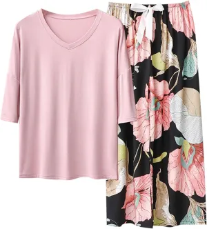 cooki Women's Pajama Sets Casual Lounge Pajamas for Women 2 Piece Short Sleeve T Shirt and Floral Drawstring Pants Sleepwear