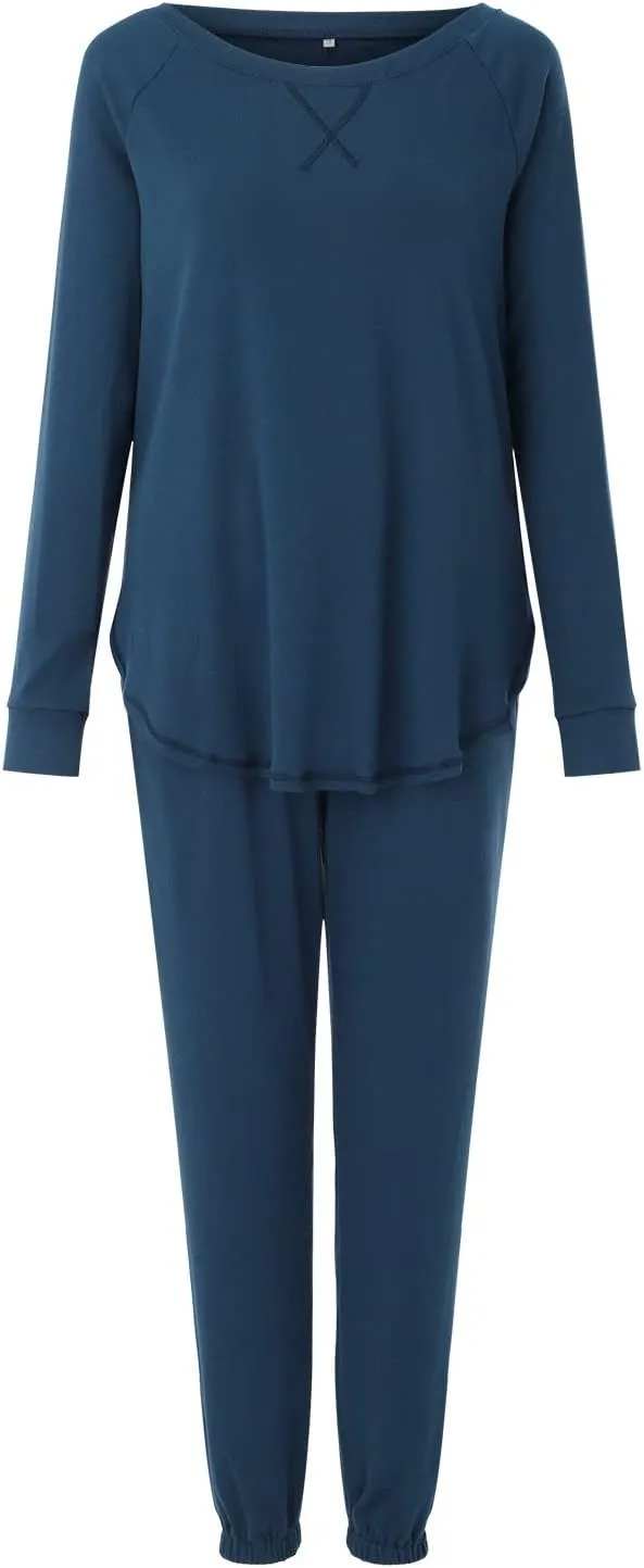 cooki Women's Pajama Sets Long Sleeve Sleepwear Loungewear Loose V Neck Top Drawstring Wide Leg Pants Set Lounger Nightwear