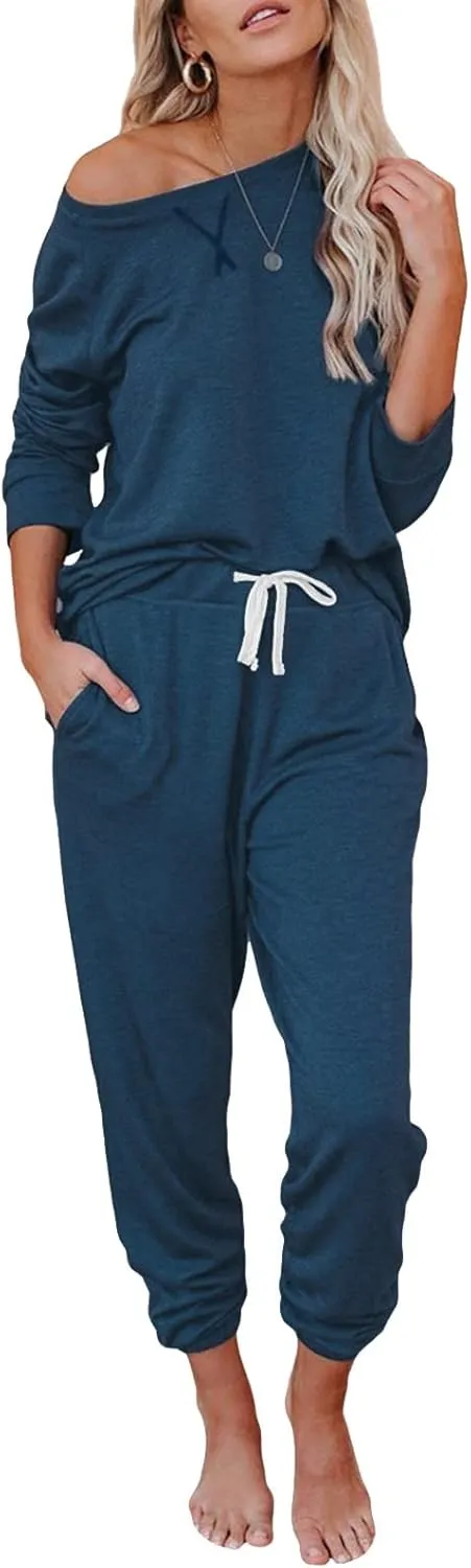 cooki Women's Pajama Sets Long Sleeve Sleepwear Loungewear Loose V Neck Top Drawstring Wide Leg Pants Set Lounger Nightwear