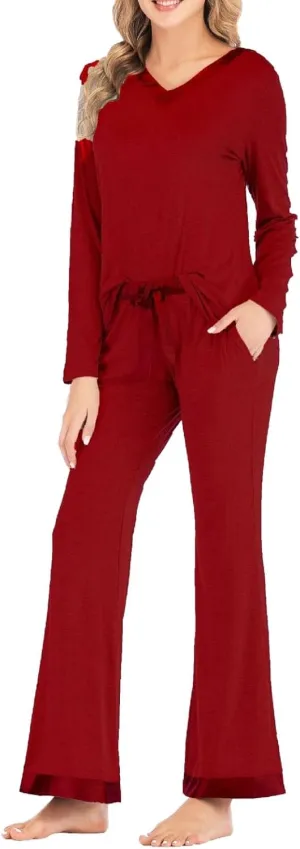 cooki Women's Pajama Sets Long Sleeve Sleepwear Loungewear Loose V Neck Top Drawstring Wide Leg Pants Set Soft Nightwear