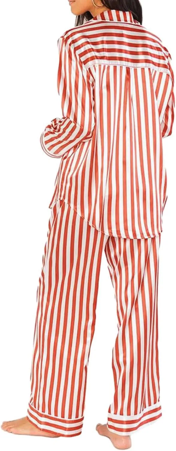 cooki Women's Pajama Sets Long Sleeve Sleepwear Soft Loungewear Striped Button Down Top and Pjs Pants Set Plus Size Nightwear