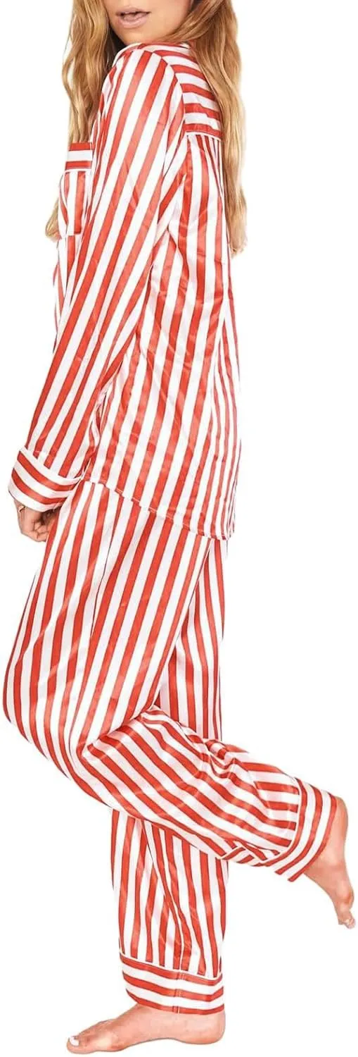 cooki Women's Pajama Sets Long Sleeve Sleepwear Soft Loungewear Striped Button Down Top and Pjs Pants Set Plus Size Nightwear