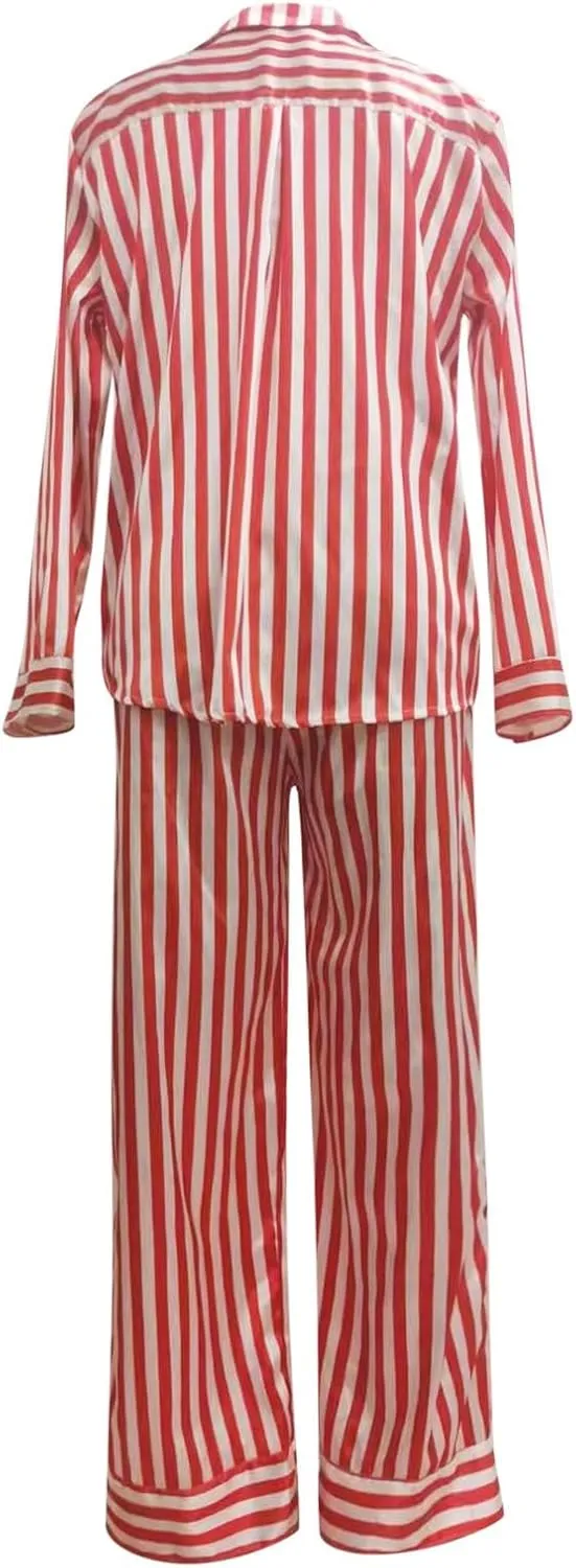 cooki Women's Pajama Sets Long Sleeve Sleepwear Soft Loungewear Striped Button Down Top and Pjs Pants Set Plus Size Nightwear