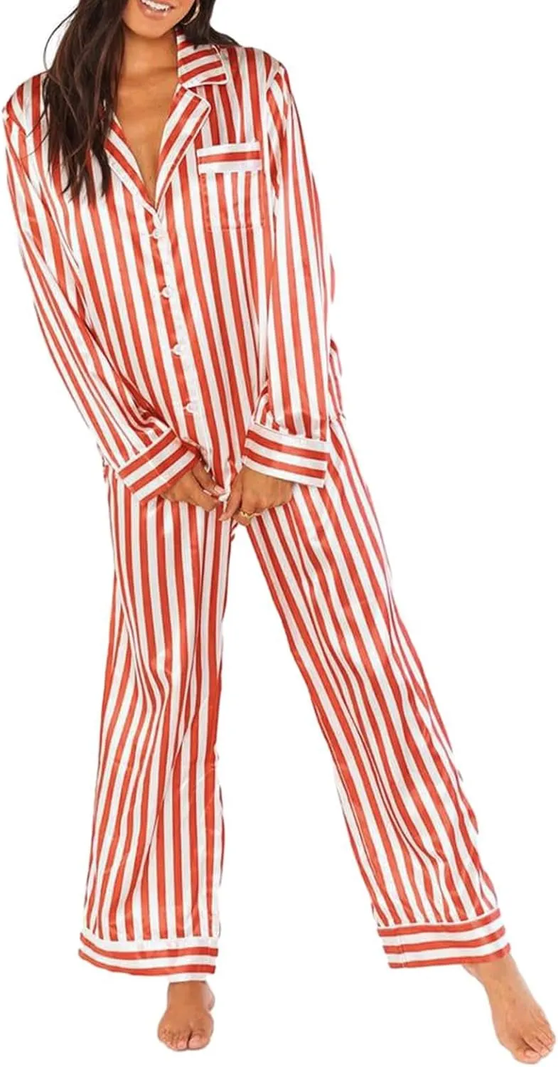 cooki Women's Pajama Sets Long Sleeve Sleepwear Soft Loungewear Striped Button Down Top and Pjs Pants Set Plus Size Nightwear