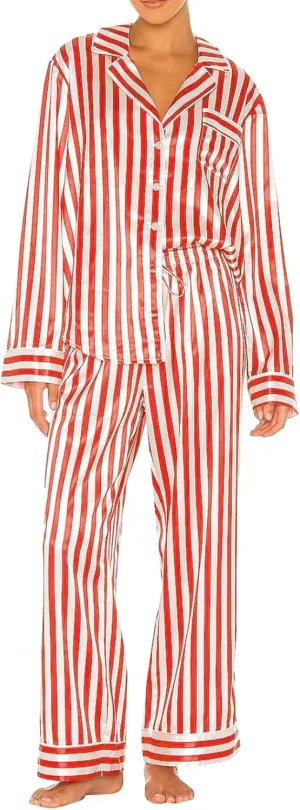 cooki Women's Pajama Sets Long Sleeve Sleepwear Soft Loungewear Striped Button Down Top and Pjs Pants Set Plus Size Nightwear