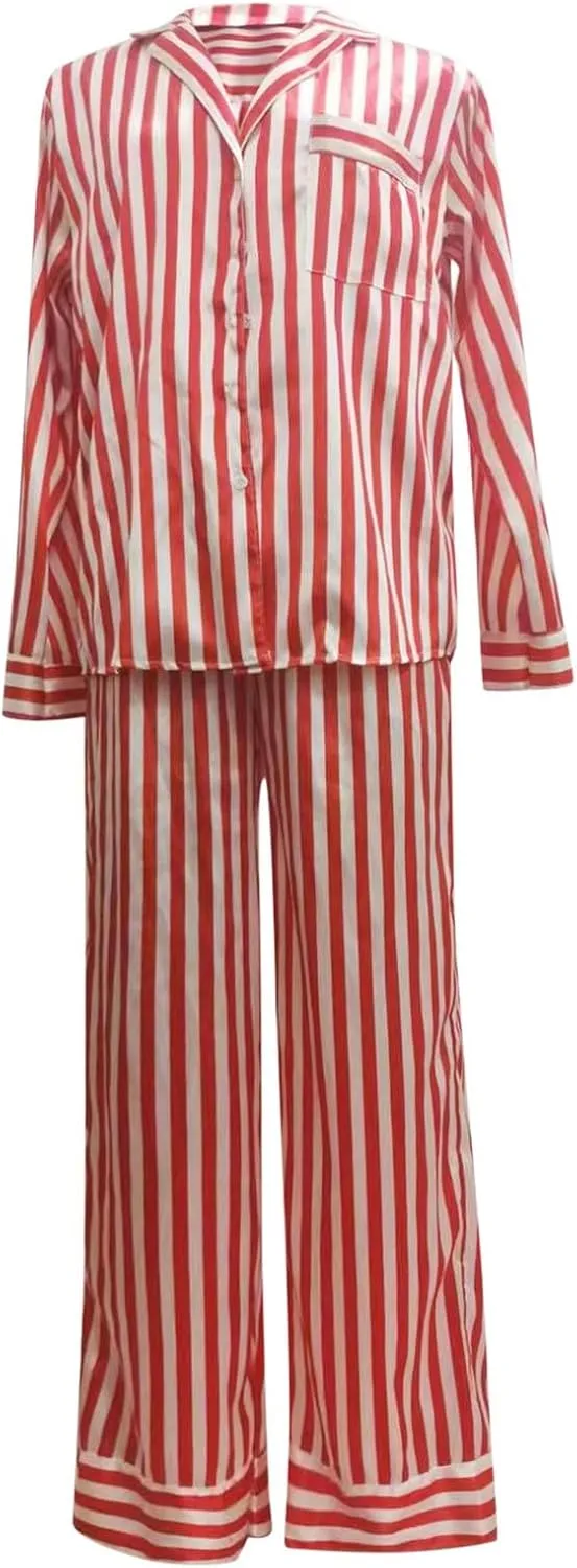 cooki Women's Pajama Sets Long Sleeve Sleepwear Soft Loungewear Striped Button Down Top and Pjs Pants Set Plus Size Nightwear