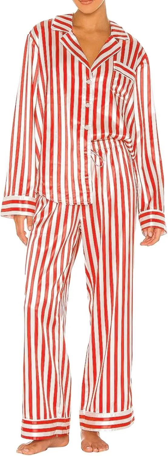 cooki Women's Pajama Sets Long Sleeve Sleepwear Soft Loungewear Striped Button Down Top and Pjs Pants Set Plus Size Nightwear