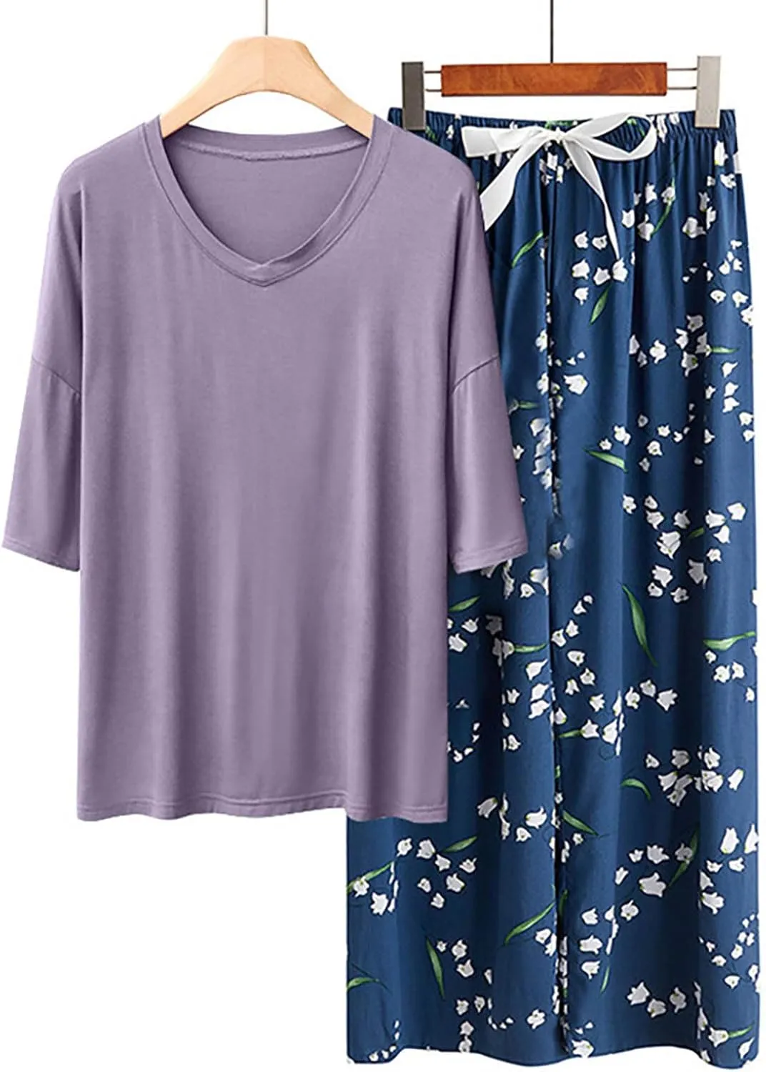 cooki Women's Pajama Sets Lounge Sets for Women Pajamas for Women 2 Piece Short Sleeve Top and Pants Capri Pjs Sleepwear