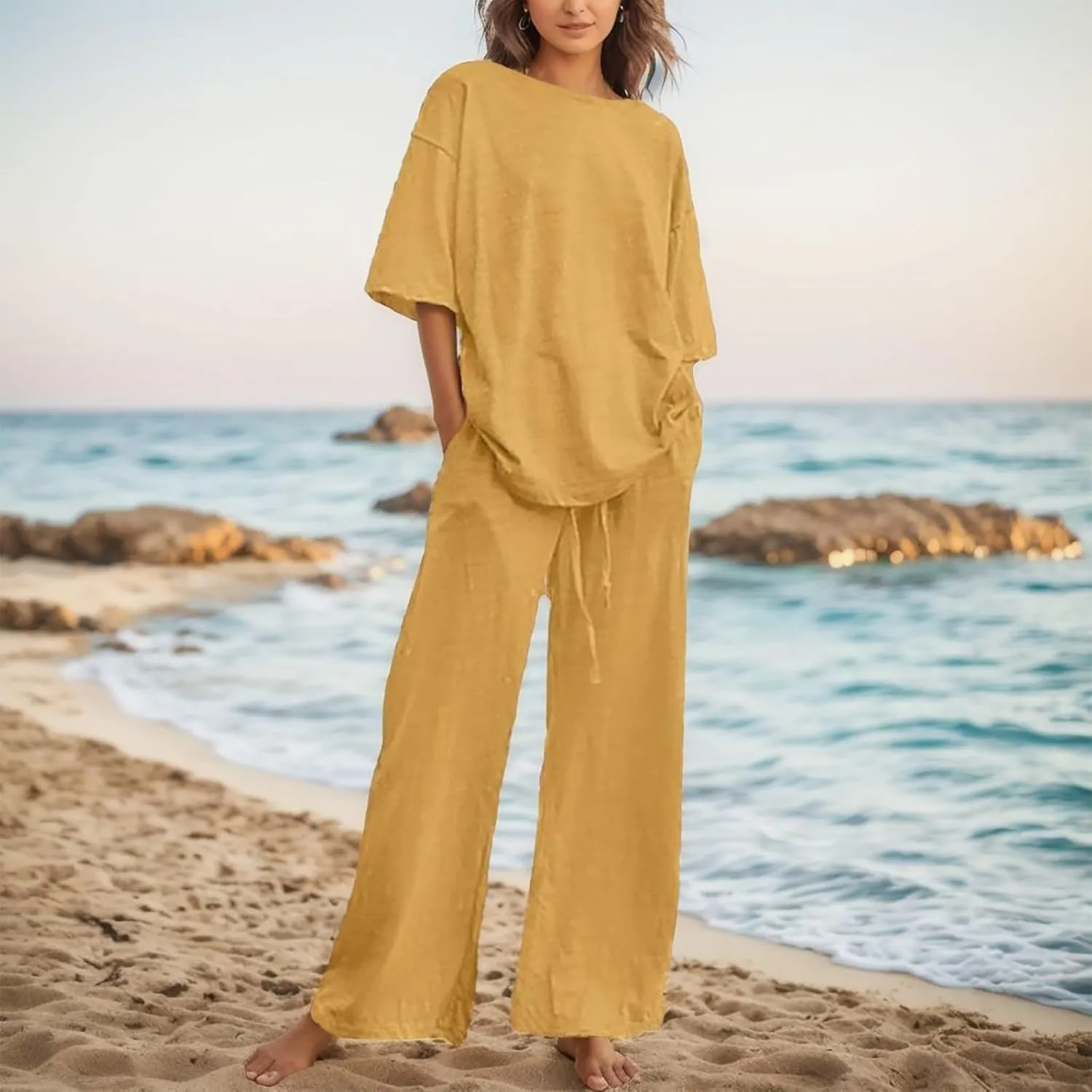 cooki Women's Pajama Sets Short Sleeve Sleepwear Loungewear Loose Button Down Top Drawstring Wide Leg Pants Set Nightwear