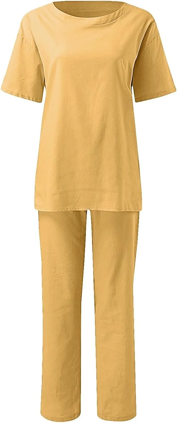 cooki Women's Pajama Sets Short Sleeve Sleepwear Loungewear Loose Button Down Top Drawstring Wide Leg Pants Set Nightwear