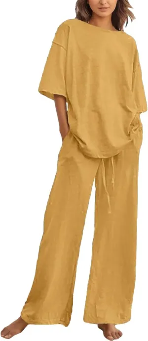 cooki Women's Pajama Sets Short Sleeve Sleepwear Loungewear Loose Button Down Top Drawstring Wide Leg Pants Set Nightwear