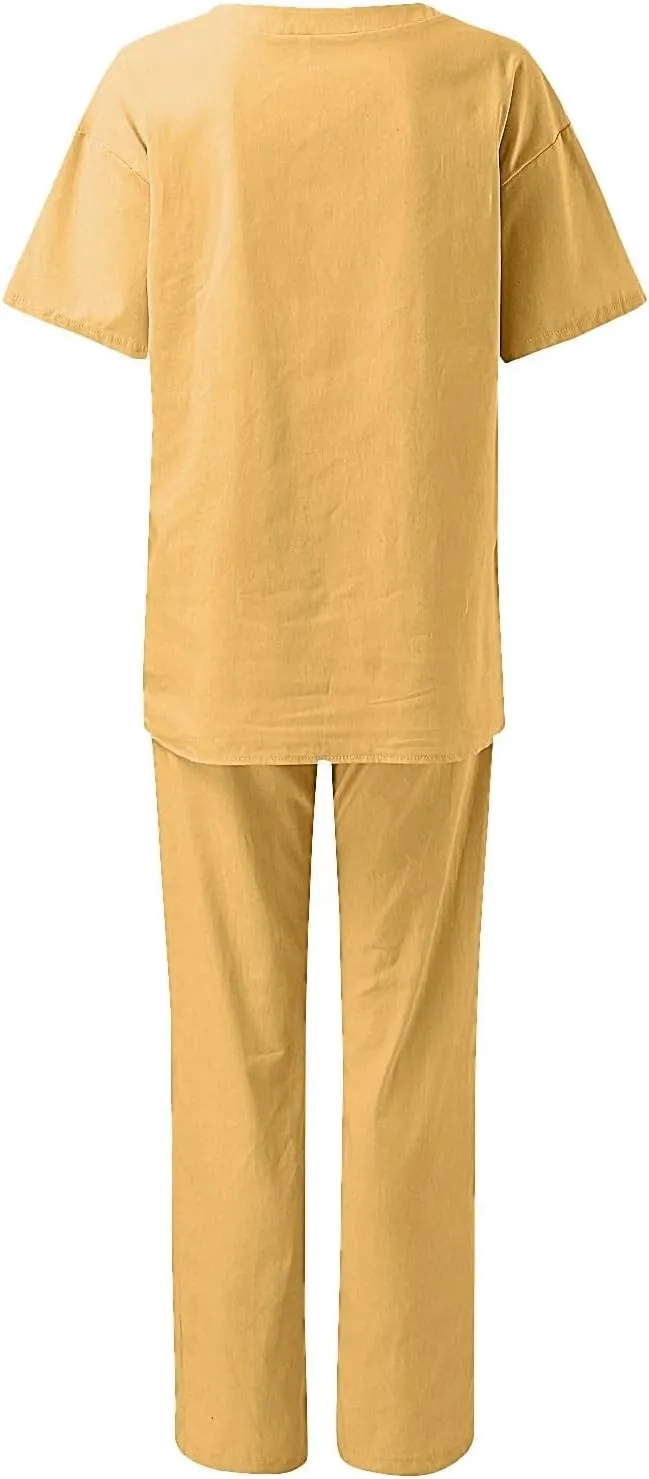 cooki Women's Pajama Sets Short Sleeve Sleepwear Loungewear Loose Button Down Top Drawstring Wide Leg Pants Set Nightwear