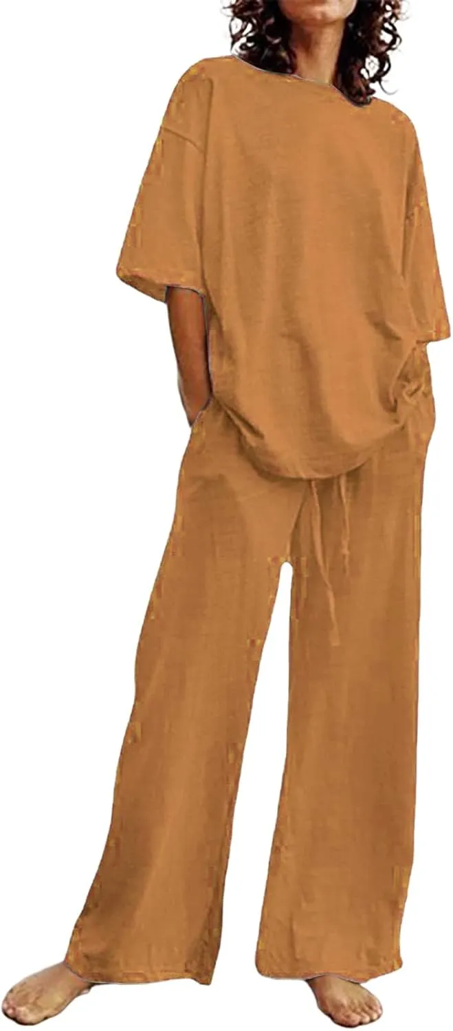 cooki Women's Pajama Sets Short Sleeve Sleepwear Soft Loungewear Loose Button Down Top and Pjs Pants Set Plus Size Nightwear