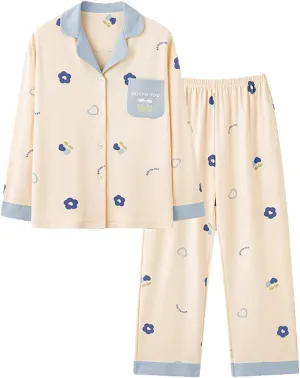 cooki Women's Pajama Sets Womens Two Piece Outfits Long Sleeve Button Up Top with pocket Long Pants Pajama Lounge Nightwear