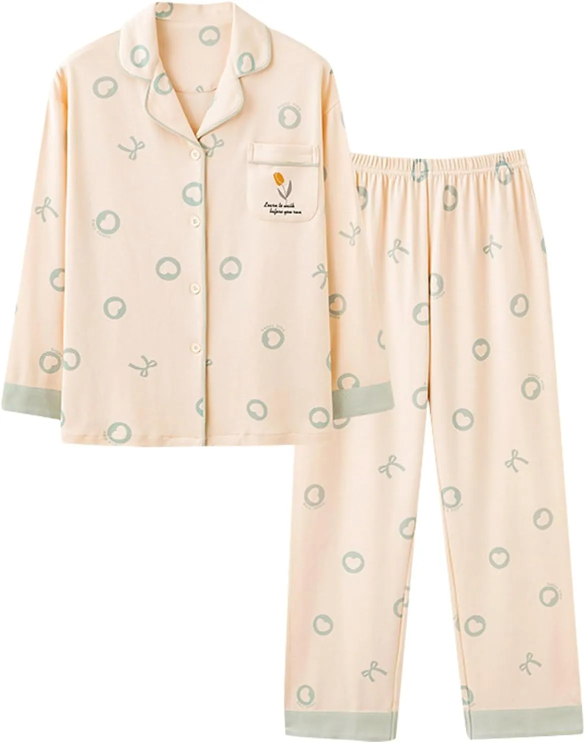 cooki Women's Pajama Sets Womens Two Piece Outfits Long Sleeve Button Up Top with pocket Long Pants Pajama Lounge Sleepwear