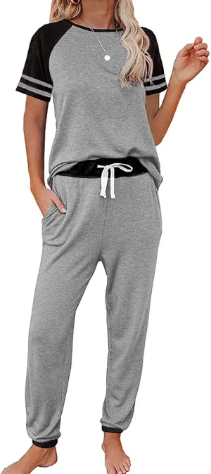 cooki Women's Pajama Sets Womens Two Piece Outfits Striped Short Sleeve Pullover and Long Pants Pajama Lounge Sleepwear