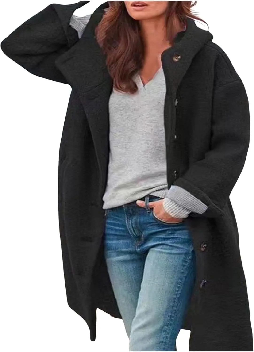 cooki Wool Coats for Women Long Women Fuzzy Fleece Winter Cardigan Jackets Trench Coats Lapel Collar Button Down Peacoat