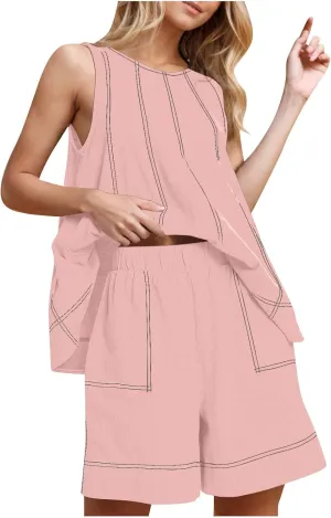Cotton Linen Sets for Women 2025 Trendy Expose Seam Colorblock Summer Outfits Tank Top Shorts Loungewear with Pockets