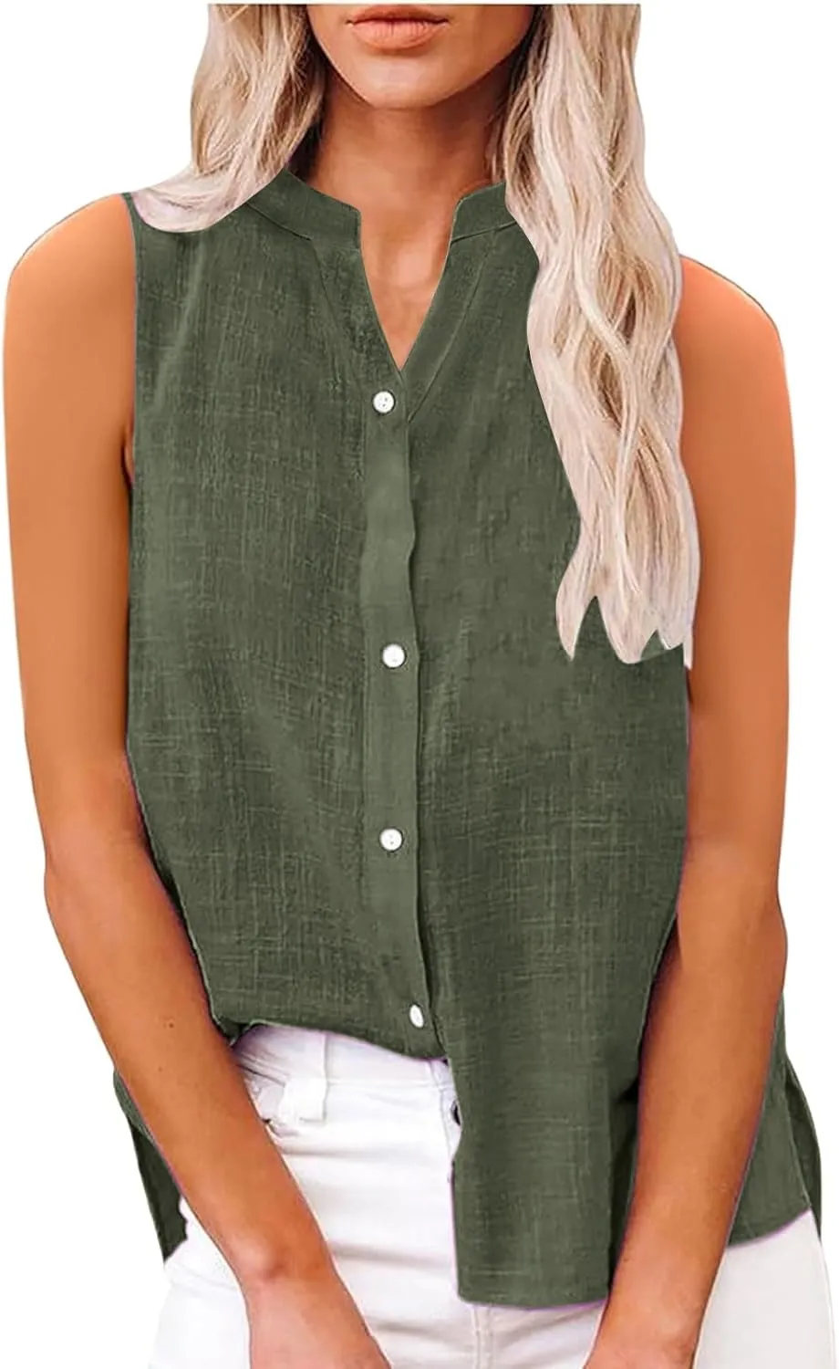 Cotton Linen Shirts for Women Sleeveless Collared Tops Oversized Button Up Blouses Work Shirts Casual Summer Tshirt