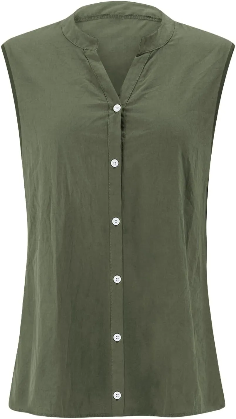 Cotton Linen Shirts for Women Sleeveless Collared Tops Oversized Button Up Blouses Work Shirts Casual Summer Tshirt