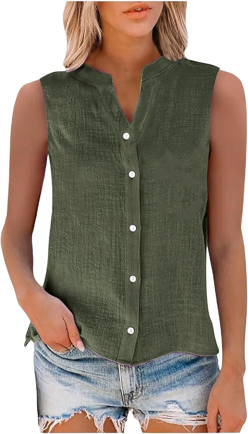 Cotton Linen Shirts for Women Sleeveless Collared Tops Oversized Button Up Blouses Work Shirts Casual Summer Tshirt