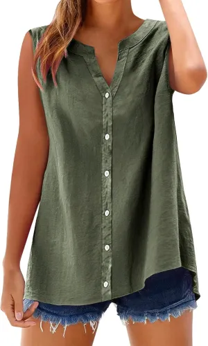 Cotton Linen Shirts for Women Sleeveless Collared Tops Oversized Button Up Blouses Work Shirts Casual Summer Tshirt