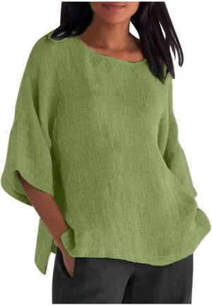Cotton Linen Shirts Women Casual Loose Gauze T Shirts Crewneck Blouses Summer Trendy Plus Size Lightweight Tunic Tops