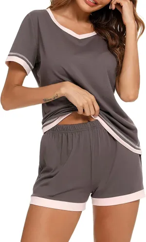 Cotton Soft Two Piece Pajamas Sets for Women Short Sleeve Crew Neck Stretch Tops Elastic Waist Loose Straight Short