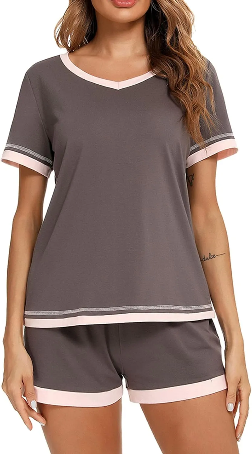 Cotton Soft Two Piece Pajamas Sets for Women Short Sleeve Crew Neck Stretch Tops Elastic Waist Loose Straight Short