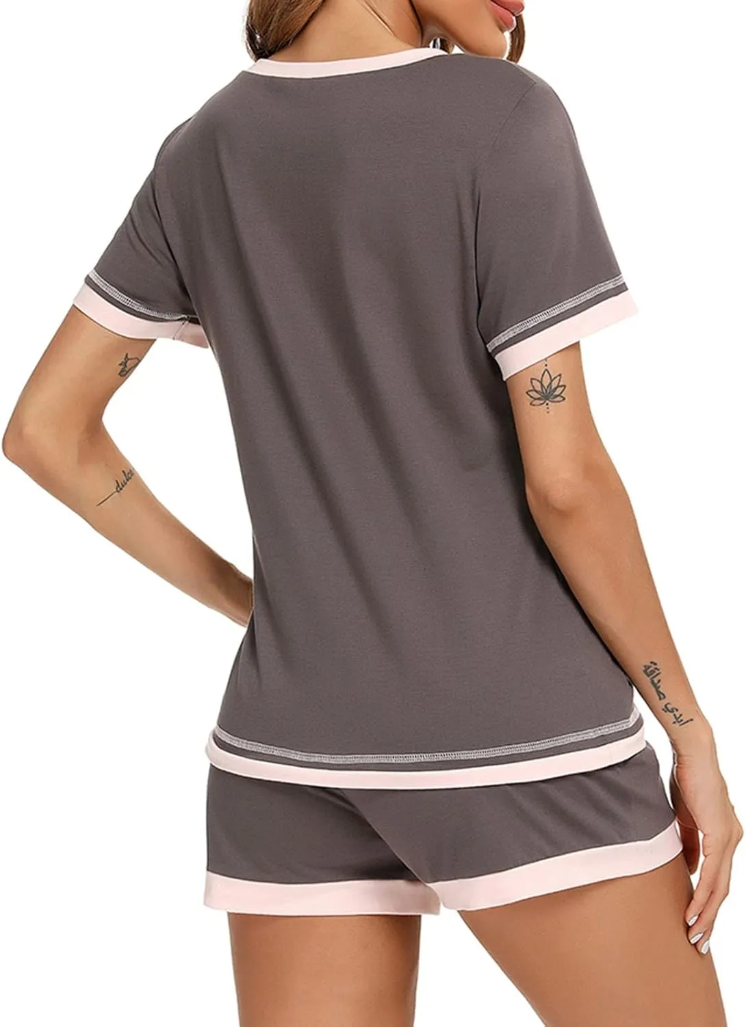 Cotton Soft Two Piece Pajamas Sets for Women Short Sleeve Crew Neck Stretch Tops Elastic Waist Loose Straight Short