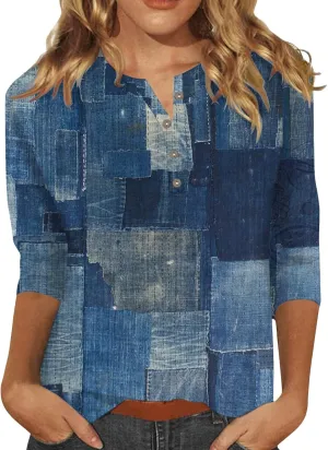 CRNTCEM Womens Spring 3/4 Sleeve Tops 2024 Fashion V Neck Tunic Casual Dressy Tee Asymmetric Lapel Neck Button Dressy Blouse
